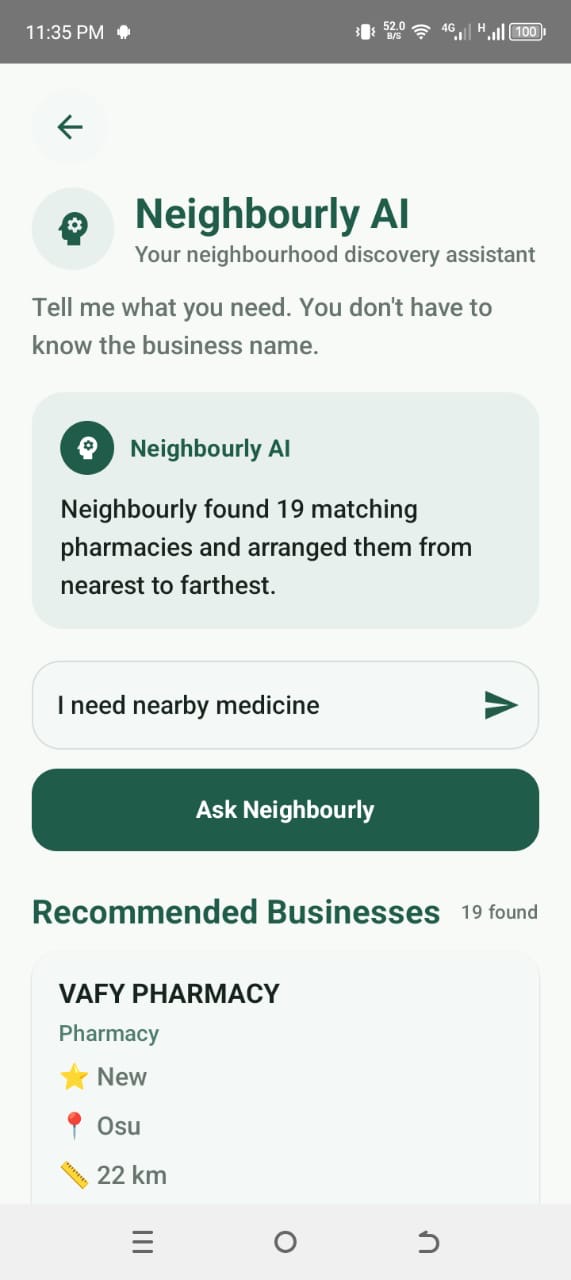 Real Neighbourly AI Assistant screen showing a local pharmacy request and recommended businesses