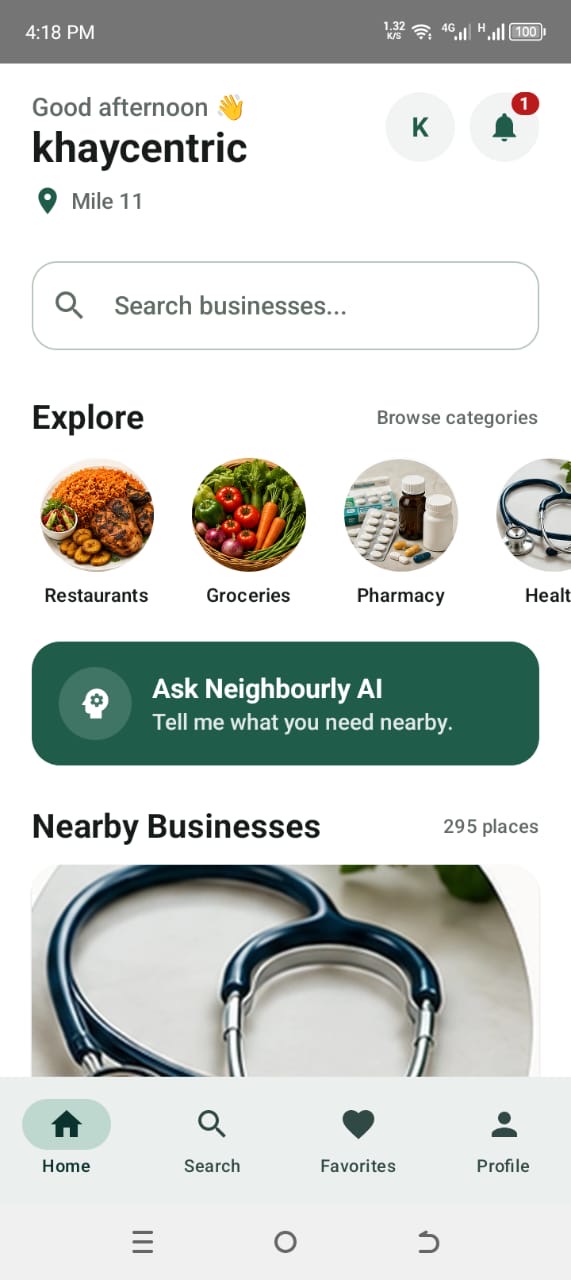 Neighbourly home screen showing categories and nearby businesses